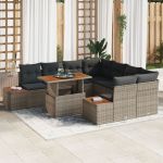 Set de dining pentru grădină 9 piese cu perne Gri din Ratan și Acacia GartenMobel Dekor