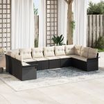 Set canapea pentru grădină  cu 10 piese și perne Poliratan negru, Canapea pentru grădină  pentru 2 persoane cu depozitare și perne Poliratan negru GartenMobel Dekor