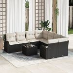 Set de sofa modular  cu 9 piese și perne negre din poliratan, Sofa de grădină  pentru 2 persoane cu spațiu de depozitare și perne negre din poliratan GartenMobel Dekor