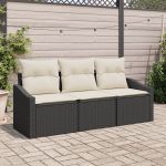 Set de dining pentru grădină cu 3 piese cu perne Negru Ratan Poli GartenMobel Dekor