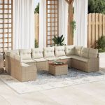 Set de Sofa Grădină 11 Piese  cu Perne Bej Poli Ratan Acacia, Sofa Grădină pentru 2 Persoane cu Spațiu de Stocare & Perne Bej Poli Ratan GartenMobel Dekor