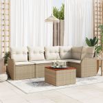 Set de Sofas de Grădină  cu 6 Piese cu Perne Bej Ratan Polimeric Acacia, Sofa de Grădină  pentru 2 Persoane cu Spațiu de Stocare și Perne Bej Ratan Polimeric GartenMobel Dekor
