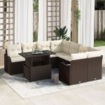 Set Sofa de Grădină 9 Piese cu Perne Ratan Polimeric Maron, Sofa de Grădină cu Două Locuri și Spațiu de Depozitare & Perne Ratan Polimeric Maron GartenMobel Dekor