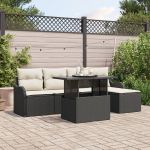Set sofa grădină cu 6 piese pernă Negru Poliratan, Sofa de grădină 2 locuri cu spațiu depozitare și perne Negru Poliratan GartenMobel Dekor