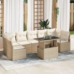 Set de 8 Piese Sofa pentru Grădină cu Perne Bej din Ratan Polizot,  Sofa pentru Grădină cu 2 locuri cu Depozitare și Perne Bej din Ratan Polizot GartenMobel Dekor