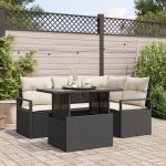 Set de 5 piese pentru sofa de grădină cu perne din ratan poli negru, Sofa de grădină cu două locuri cu storage și perne din ratan poli negru GartenMobel Dekor