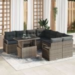 Set de Sofa pentru Grădină 9 Piese cu Perne Ratan Gri Poly, Sofa pentru Grădină cu 2 Locuri cu Spațiu de Stocare & Perne Ratan Gri Poly GartenMobel Dekor