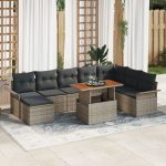 Set canapele grădină  9 piese cu perne gri din ratan sintetic, Canapea grădină  2 locuri cu depozitare & perne gri din ratan sintetic GartenMobel Dekor