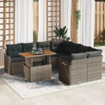 Set sofa grădină  cu 9 piese și perne gri din ratan poli, Sofa grădină  cu 2 locuri cu depozitare și perne gri din ratan poli GartenMobel Dekor