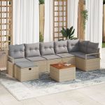 Set de sofa pentru grădină  cu 8 piese și perne din ratan bej poliester, Sofa de grădină cu 2 locuri  cu perne din ratan bej poliester GartenMobel Dekor