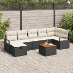 Set de sofa pentru grădină  de 8 piese cu perne negru ratan poli, Sofa grădină cu două locuri  cu depozitare și perne negru ratan poli GartenMobel Dekor