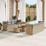 Set Sofa de Grădină  cu Perne Bej din Ratan Poli Acacia, Set de Mese de Grădină  cu Perne Bej din Ratan Poli Acacia GartenMobel Dekor