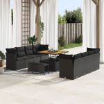 Set de Sofa pentru Grădină  cu 11 Piese cu Perne Negru Ratan Poli Acacia, Set de Dining pentru Grădină  cu 3 Piese cu Perne Negru Ratan Poli Acacia GartenMobel Dekor