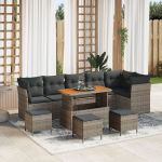 Set de sofa de grădină vitaXL 9 piese cu perne gri din poliratan acacia, Set de dining vitaXL 3 piese cu perne gri din poliratan acacia GartenMobel Dekor