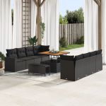 Set de 11 Piese pentru Grădină  cu Perne Negru Rattan Poliesteric Acacia, Set de Masă și Canapea de Grădină  cu Perne Negru Rattan Poliesteric Acacia GartenMobel Dekor