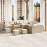 Set de sofa de grădină  cu 13 piese și perne din ratan poli acacia bej, Set de masă de grădină  cu 3 piese și perne din ratan poli acacia bej GartenMobel Dekor