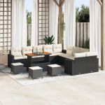 Set de sofa de grădină  cu 13 piese și perne negre din poliratan acacia, Set de dining de grădină  cu 3 piese și perne negre din poliratan acacia GartenMobel Dekor