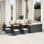 Set canapea grădină  13 piese cu perne, rattan negru, acacia, Set dining grădină  4 piese cu perne, rattan negru, acacia GartenMobel Dekor