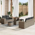 Set de canapea de grădină  8 piese cu perne gri din ratan polimeric acacia, Set de dining de grădină  3 piese cu perne gri din ratan polimeric acacia GartenMobel Dekor