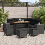 Set Canapea Grădină  8 Piese cu Perne Negru Poliratan Acacia, Set Dining Grădină  3 Piese cu Perne Negru Poliratan Acacia GartenMobel Dekor