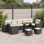 Set de canapele de grădină  10 piese cu perne Ratan poli negru Acacia, Set de dining de grădină  3 piese cu perne Ratan poli negru Acacia GartenMobel Dekor