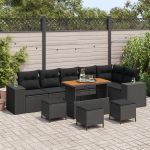 Set de sofa pentru grădină  din poliratan negru cu perne, Set de dining pentru grădină  cu perne din poliratan negru GartenMobel Dekor