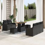 Set de Sofa de Grădină  cu Perne Negre din Ratan Polimer Acacia, Sofa de Grădină cu 2 Locuri  cu Perne Negre din Ratan Polimer, Set de Masă de Grădină cu 3 Piese cu Perne Negre din Ratan Polimer Acacia GartenMobel Dekor