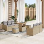 Set de sofa de grădină  cu 9 piese și perne Bej Poliratan Acacia, Sofa de grădină  cu 2 locuri și perne Bej Poliratan, Set de dining de grădină  cu 3 piese și perne Bej Poliratan Acacia GartenMobel Dekor