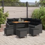 Set de Sofa pentru Grădină cu 9 Piese și Perne Negru Rattan Poly Acacia,  Sofa de Grădină cu 2 Locuri și Perne Negru Rattan Poly,  Set de Dining pentru Grădină cu 4 Piese și Perne Negru Rattan Poly Acacia GartenMobel Dekor
