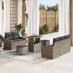 Set de Sofa pentru Grădină cu Pernițe Gri Poliratan Acacia,  Sofa pentru Două Persoane cu Pernițe Gri Poliratan,  Set de Cină pentru Grădină cu 3 Piese și Pernițe Gri Poliratan Acacia GartenMobel Dekor