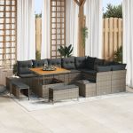 Set canapea grădină 12 piese cu perne gri rattan poli acacia,  Set dining grădină 3 piese cu perne gri rattan poli acacia,  Canapea grădină 2 locuri cu perne gri rattan poli GartenMobel Dekor