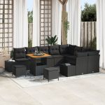 Set de Sofa de Grădină cu 12 Piese cu Perne Negru Poliratan Acacia,  Set de Dining de Grădină cu 3 Piese cu Perne Negru Poliratan Acacia,  Sofa de Grădină cu 2 Locuri cu Perne Negru Poliratan GartenMobel Dekor
