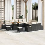 Set de Sofa de Grădină  cu 13 Piese și Pernițe Negru Poliratan Acacia, Sofa de Grădină cu 2 Locuri  cu Pernițe Negru Poliratan, Set de Dining pentru Grădină cu 3 Piese cu Pernițe Negru Poliratan Acacia GartenMobel Dekor