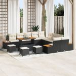 Set de canapea de grădină  13 piese cu perne Negru Poliratan Acacia, Set de dining pentru grădină  3 piese cu perne Negru Poliratan Acacia GartenMobel Dekor