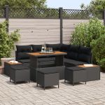 Set de canapea de grădină  cu 8 perne Negru Poliratan Acacia, Set de dining de grădină  cu 3 perne Negru Poliratan Acacia GartenMobel Dekor