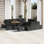 Set de sofa de grădină  cu 13 piese și perne Negru Poliratan Acacia, Sofa de grădină  cu 2 locuri și perne Negru Poliratan, Set de cină de grădină  cu 3 piese și perne Negru Poliratan Acacia GartenMobel Dekor
