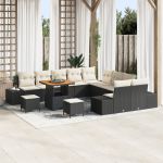 Set de sofa de grădină  cu 13 piese și perne negre din poliratan acacia, Sofa de grădină  cu 2 locuri și perne negre din poliratan, Set de dining pentru grădină  cu 3 piese și perne negre din poliratan acacia GartenMobel Dekor