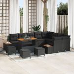 Set de sofa pentru grădină  cu 12 piese și perne din poliratan negru de acacia, Set de dining pentru grădină  cu 3 piese și perne din poliratan negru de acacia GartenMobel Dekor