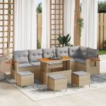 Set de Sofa pentru Grădină cu 9 Piese și Perne Bej Poliratan Acacia, Set de Dining pentru Grădină cu 3 Piese și Perne Bej Poliratan Acacia GartenMobel Dekor