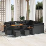 Set de canapea pentru grădină  12 Piese cu perne Negru Ratan sintetic Acacia, Set de dining pentru grădină  3 Piese cu perne Negru Ratan sintetic Acacia GartenMobel Dekor