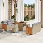 Set sofa grădină  cu 9 piese și perne bej din ratan poly acacia, Sofa grădină  cu 2 locuri și perne bej din ratan poly, Set dining grădină  cu 3 piese și perne bej din ratan poly acacia GartenMobel Dekor