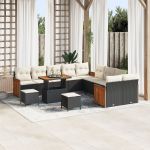 Set de Canapea de Grădină cu 13 Piese cu Pernițe Negru Poliratan Acacia, Canapea de Grădină cu 2 Locuri cu Pernițe Negru Poliratan, Set de Dining pentru Grădină cu 3 Piese cu Pernițe Negru Poliratan Acacia GartenMobel Dekor