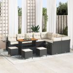 Set Canapea Grădină 12 Piese Perne Negru Ratan PE Acacia,  Set Dining Grădină 3 Piese Perne Negru Ratan PE Acacia GartenMobel Dekor