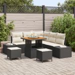 Set de sofa de grădină  cu 8 piese cu perne Negru Poliratan Acacia, Sofa de grădină cu 2 locuri  cu depozitare și perne Negru Poliratan, Set de dining de grădină cu 3 piese cu perne Negru Poliratan Acacia GartenMobel Dekor