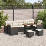 Set canapea grădină  cu 10 piese și perne negre din ratan poli de acacia, Set dining grădină  cu 3 piese și perne negre din ratan poli de acacia GartenMobel Dekor