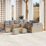 Set de Sofa pentru Grădină cu 13 piese și perne Bej Poliratan Acacia,  Set de dining pentru grădină cu 3 piese și perne Bej Poliratan Acacia GartenMobel Dekor