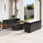 Set de canapele de grădină  cu perne negre din ratan poliester acacia, Set de dining  cu 3 piese pentru grădină cu perne negre din ratan poliester acacia GartenMobel Dekor