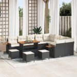 Set de sofa de grădină  cu 12 piese cu perne Negru Poliratan Acacia, Set de dining de grădină  cu 3 piese cu perne Negru Poliratan Acacia GartenMobel Dekor