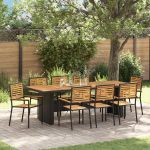 Set de Dining pentru Grădină cu 9 Piese Negru Rattan Poliester Acacia, Scaune de Grădină Stivuibile cu Perne 2 buc Negru Rattan Poliester GartenMobel Dekor
