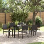 Set dining grădină 7 piese Negru Ratan sintetic, Scaune grădină  cu perne - Set 2 piese Ratan sintetic Negru GartenMobel Dekor
